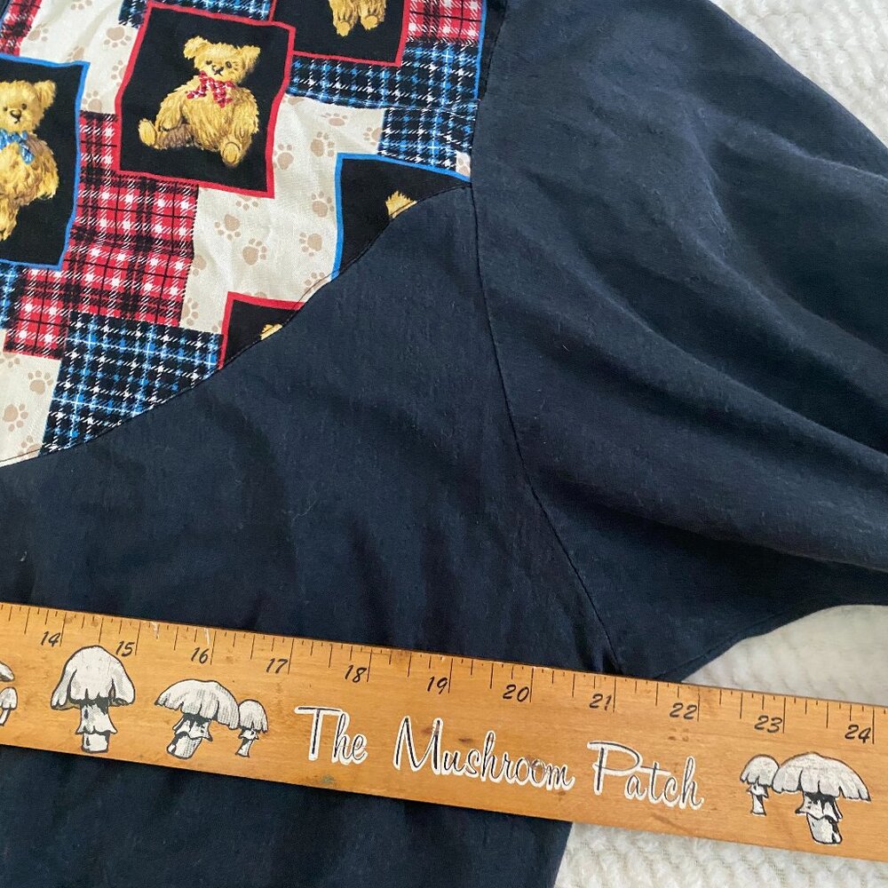 Vintage Teddy Bear Button Up Patchwork Black Silk… - image 8